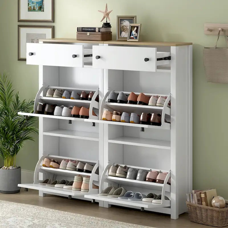 Meuble à chaussures fin et basculant avec 4 tiroirs abattants, dessus en motif de grain de bois, solution de rangement de chaussures avec panneau réglable