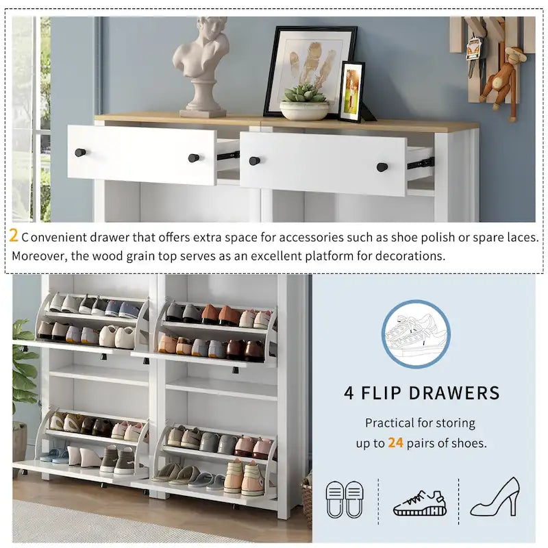 Meuble à chaussures fin et basculant avec 4 tiroirs abattants, dessus en motif de grain de bois, solution de rangement de chaussures avec panneau réglable