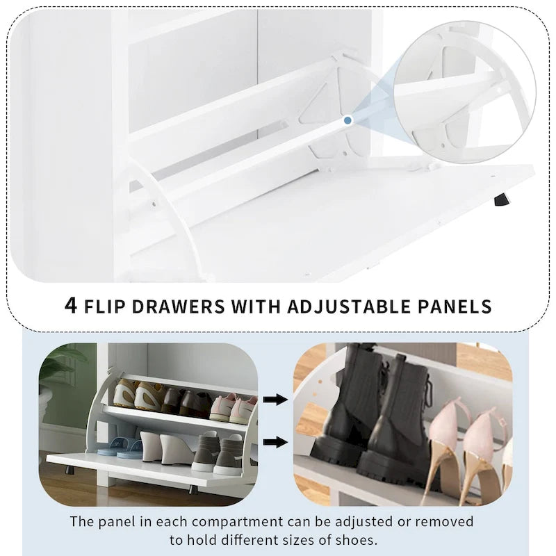 Meuble à chaussures fin et basculant avec 4 tiroirs abattants, dessus en motif de grain de bois, solution de rangement de chaussures avec panneau réglable