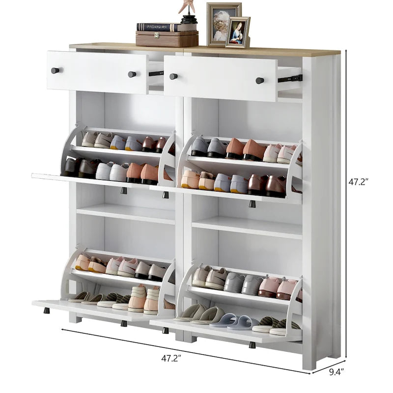 Meuble à chaussures fin et basculant avec 4 tiroirs abattants, dessus en motif de grain de bois, solution de rangement de chaussures avec panneau réglable