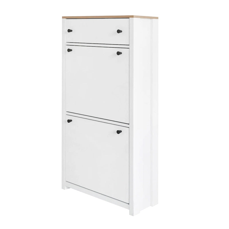 Meuble à chaussures fin et basculant avec 4 tiroirs abattants, dessus en motif de grain de bois, solution de rangement de chaussures avec panneau réglable