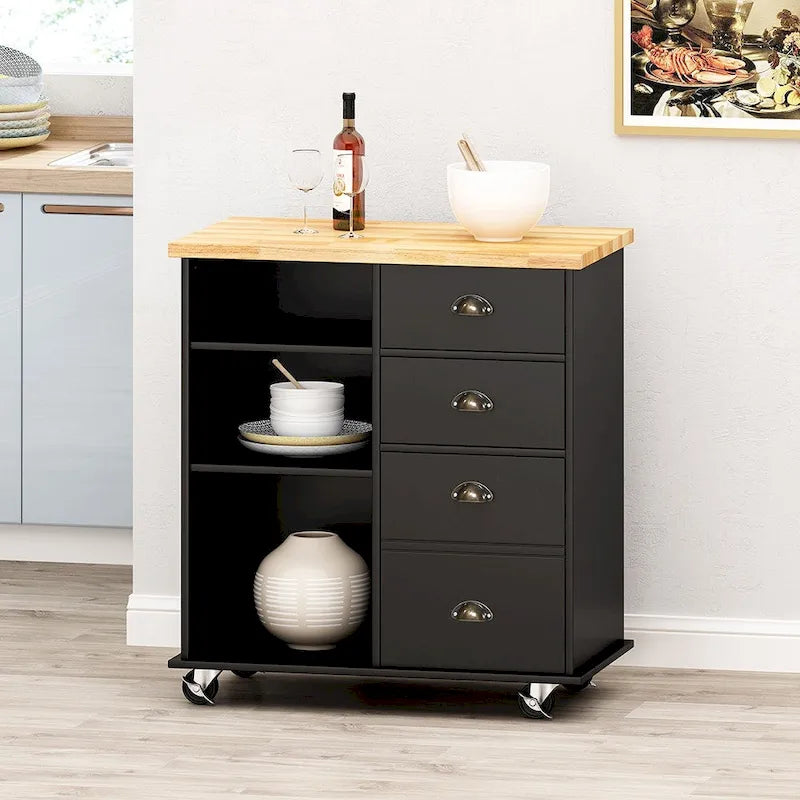 Îlot de cuisine roulant avec porte, 2 tiroirs, 3 étagères et armoire de rangement, 80 cm de large