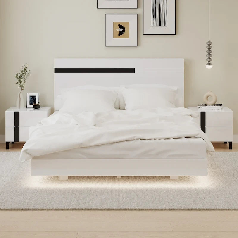 Ensemble de lit plateforme moderne Queen 3 pièces brillant, cadre éclairé, 2 tables de chevet, blanc