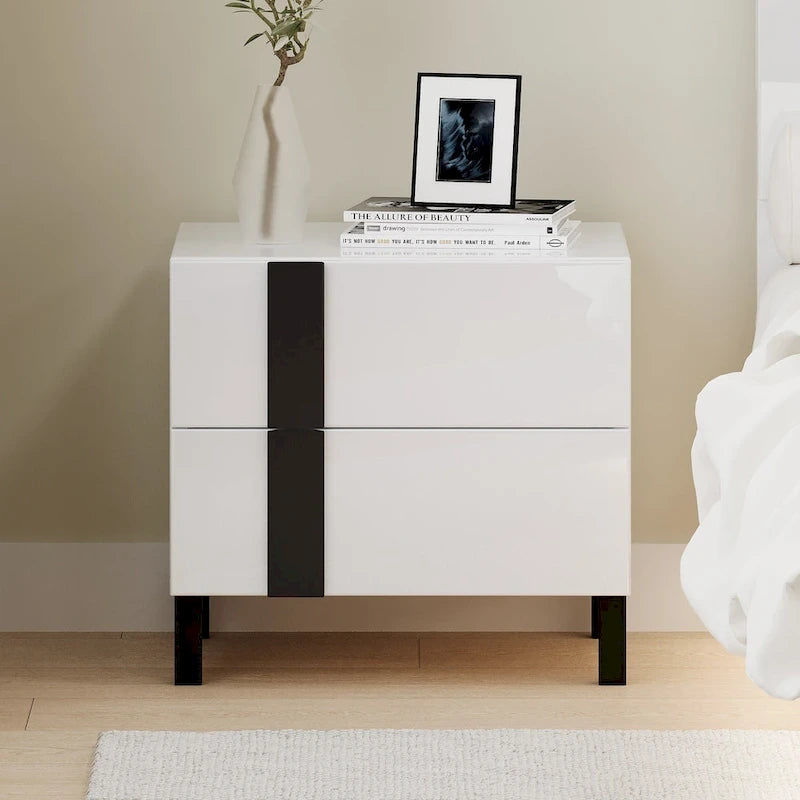 Ensemble de lit plateforme moderne Queen 3 pièces brillant, cadre éclairé, 2 tables de chevet, blanc