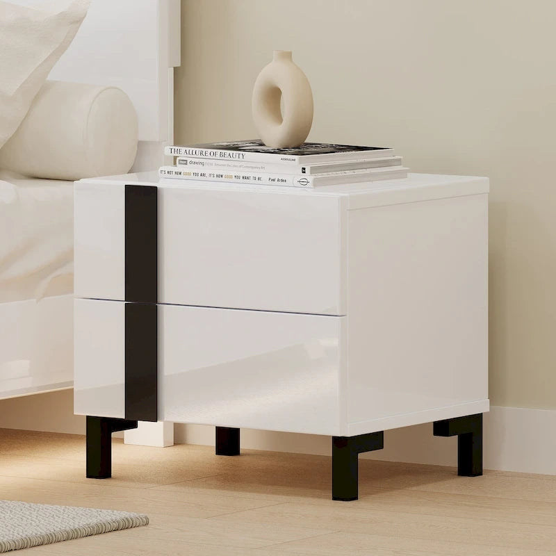 Ensemble de lit plateforme moderne Queen 3 pièces brillant, cadre éclairé, 2 tables de chevet, blanc