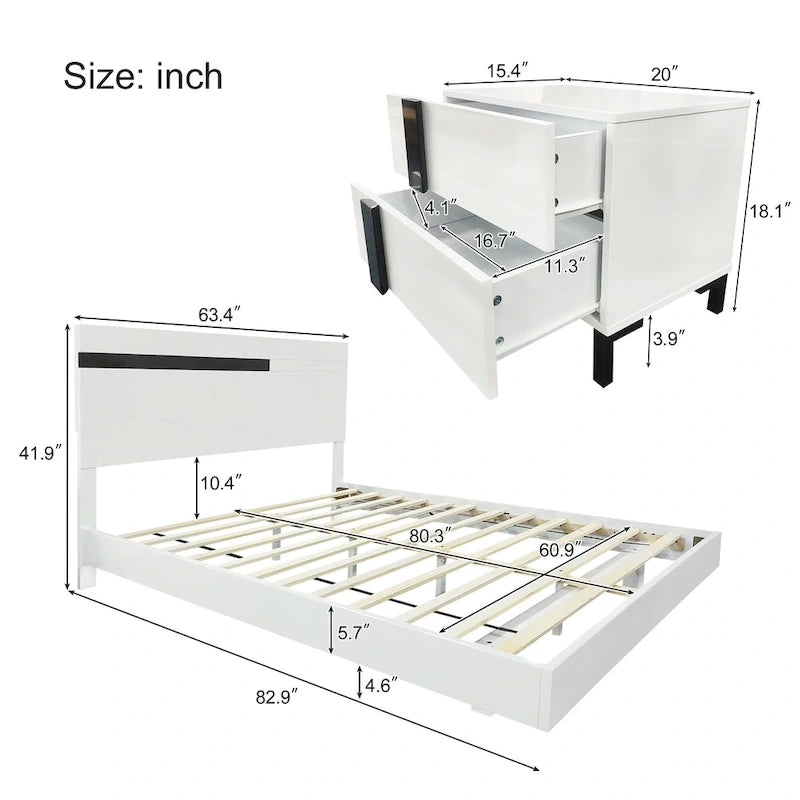 Ensemble de lit plateforme moderne Queen 3 pièces brillant, cadre éclairé, 2 tables de chevet, blanc