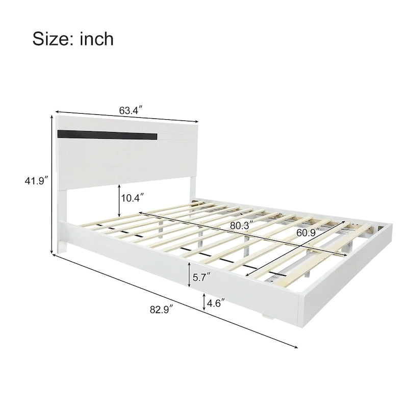 Ensemble de lit plateforme moderne Queen 3 pièces brillant, cadre éclairé, 2 tables de chevet, blanc