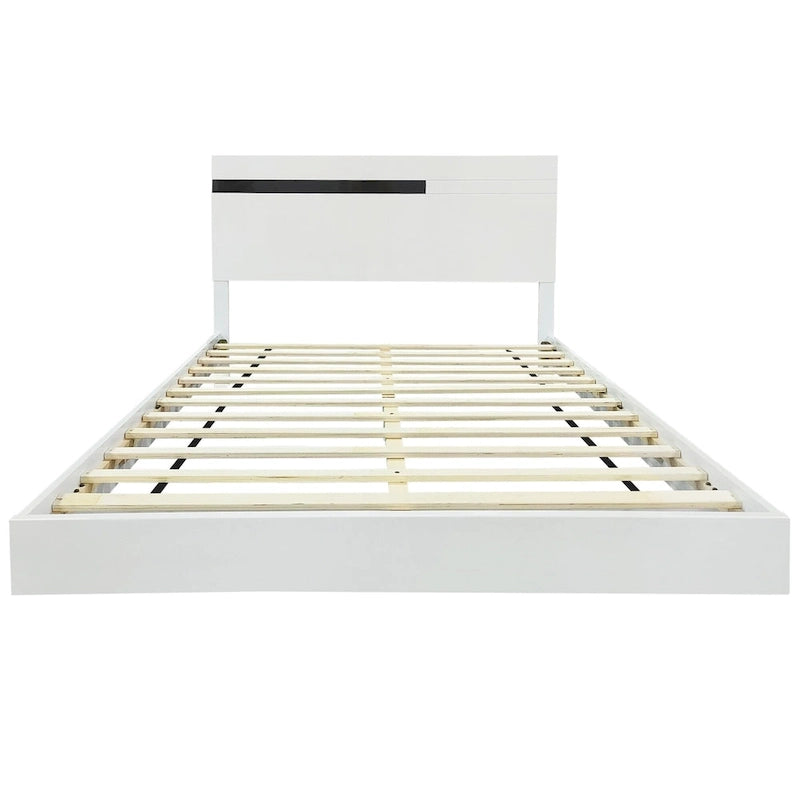 Ensemble de lit plateforme moderne Queen 3 pièces brillant, cadre éclairé, 2 tables de chevet, blanc