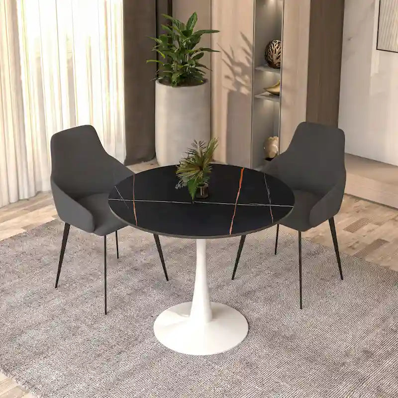 Table à manger ronde moderne Bristol 31 avec plateau en pierre frittée et piètement colonne en acier inoxydable blanc pour salle à manger et cuisine