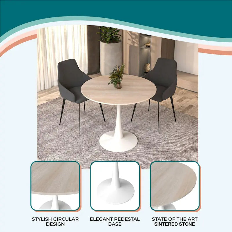 Table à manger ronde moderne Bristol 31 avec plateau en pierre frittée et piètement colonne en acier inoxydable blanc pour salle à manger et cuisine