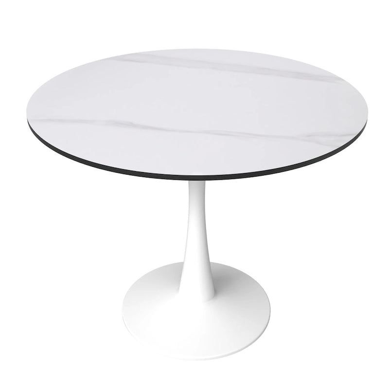Table à manger ronde moderne Bristol 31 avec plateau en pierre frittée et piètement colonne en acier inoxydable blanc pour salle à manger et cuisine