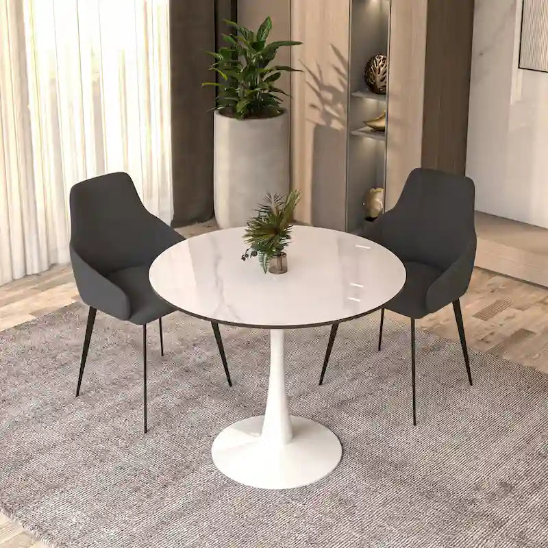 Table à manger ronde moderne Bristol 31 avec plateau en pierre frittée et piètement colonne en acier inoxydable blanc pour salle à manger et cuisine