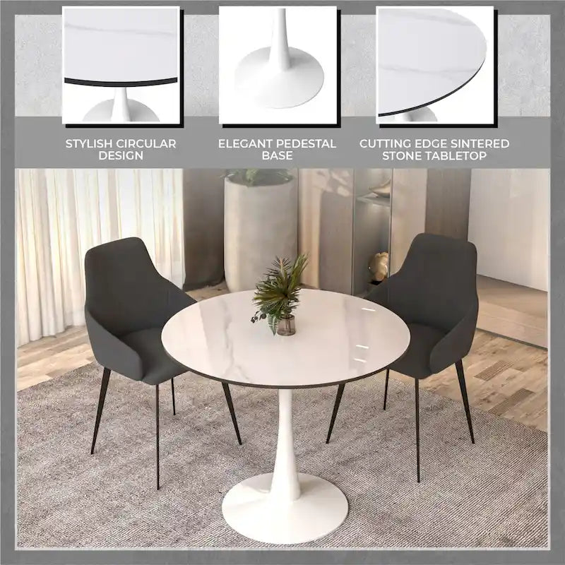 Table à manger ronde moderne Bristol 31 avec plateau en pierre frittée et piètement colonne en acier inoxydable blanc pour salle à manger et cuisine