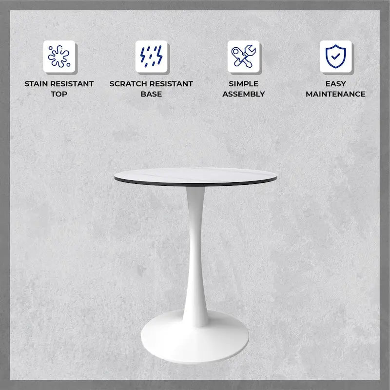 Table à manger ronde moderne Bristol 31 avec plateau en pierre frittée et piètement colonne en acier inoxydable blanc pour salle à manger et cuisine