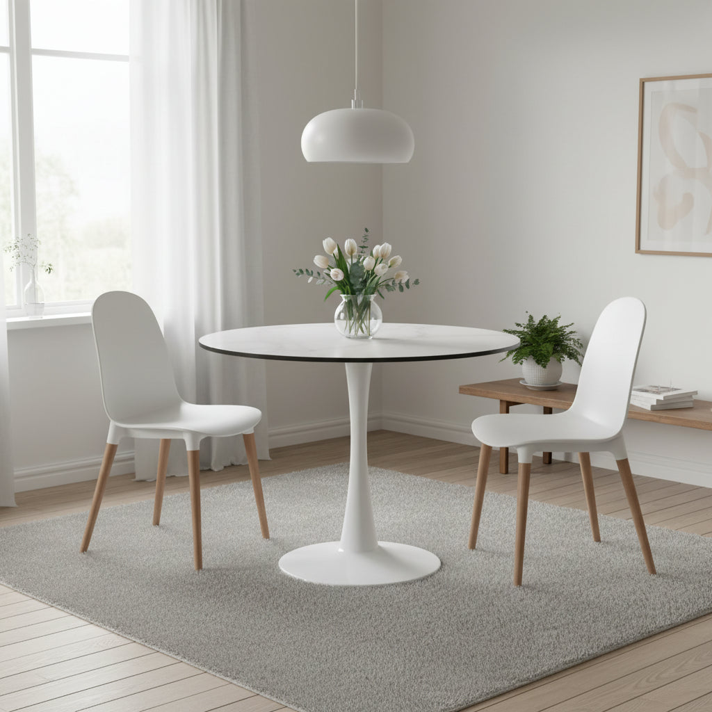 Table à manger ronde moderne Bristol 31 avec plateau en pierre frittée et piètement colonne en acier inoxydable blanc pour salle à manger et cuisine
