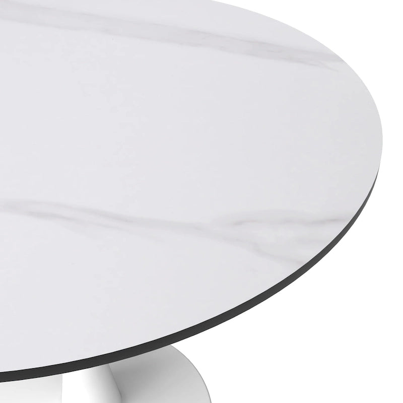 Table à manger ronde moderne Bristol 31 avec plateau en pierre frittée et piètement colonne en acier inoxydable blanc pour salle à manger et cuisine