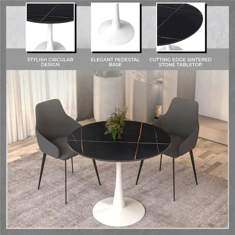 Table à manger ronde moderne Bristol 31 avec plateau en pierre frittée et piètement colonne en acier inoxydable blanc pour salle à manger et cuisine