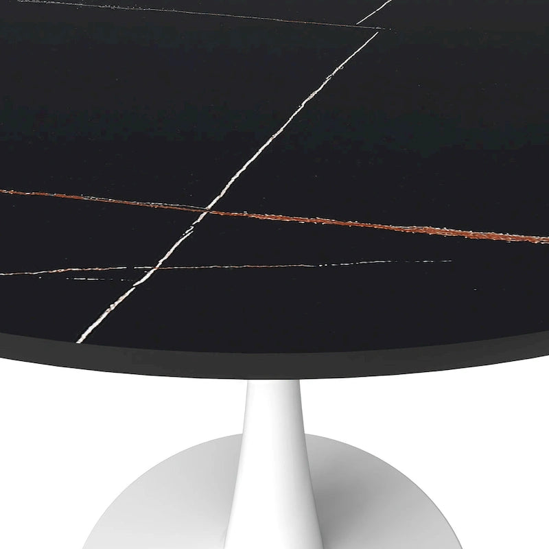 Table à manger ronde moderne Bristol 31 avec plateau en pierre frittée et piètement colonne en acier inoxydable blanc pour salle à manger et cuisine