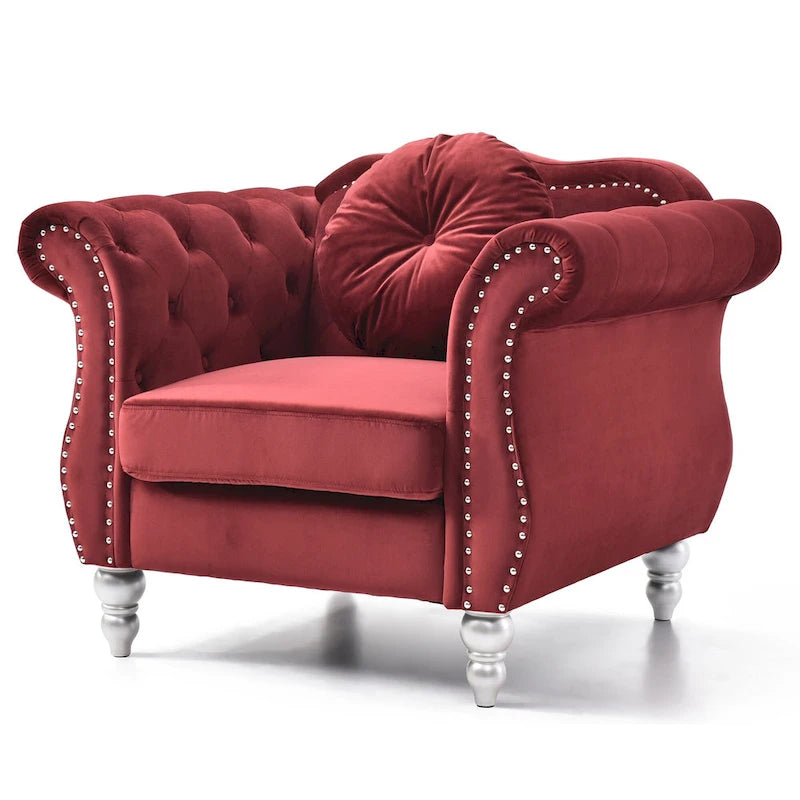Fauteuil d'appoint en velours uni avec coussin rond capitonné - 39 - Rouge