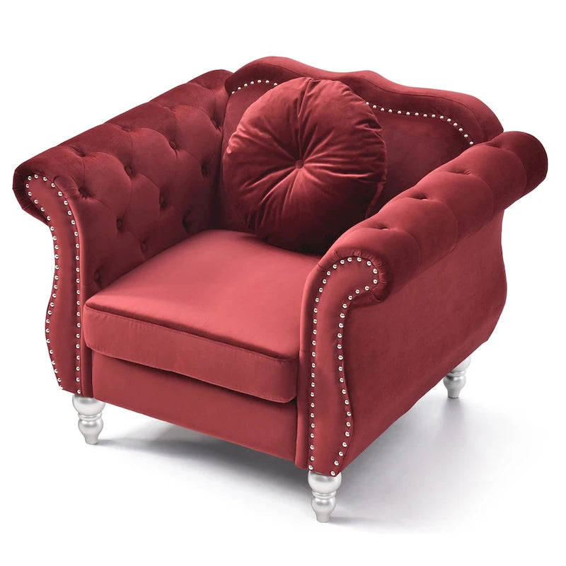 Fauteuil d'appoint en velours uni avec coussin rond capitonné - 39 - Rouge