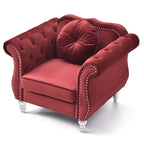 Fauteuil d'appoint en velours uni avec coussin rond capitonné - 39 - Rouge