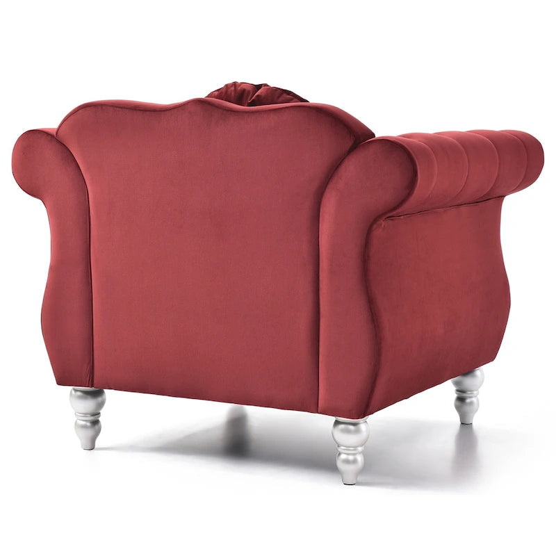 Fauteuil d'appoint en velours uni avec coussin rond capitonné - 39 - Rouge