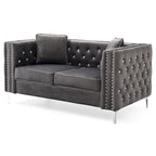 Canapé 2 places en velours touffeté avec clous décoratifs et coussins - 63 - Gris