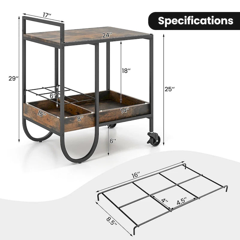 Desserte industrielle à roulettes pour buffet avec porte-bouteilles amovible
