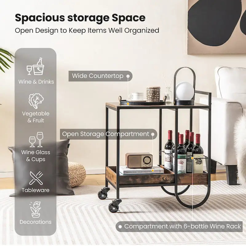 Desserte industrielle à roulettes pour buffet avec porte-bouteilles amovible