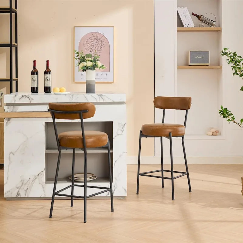 27 tabourets de bar modernes (lot de 2), tabourets de bar en cuir avec dossier, repose-pieds et pieds en métal