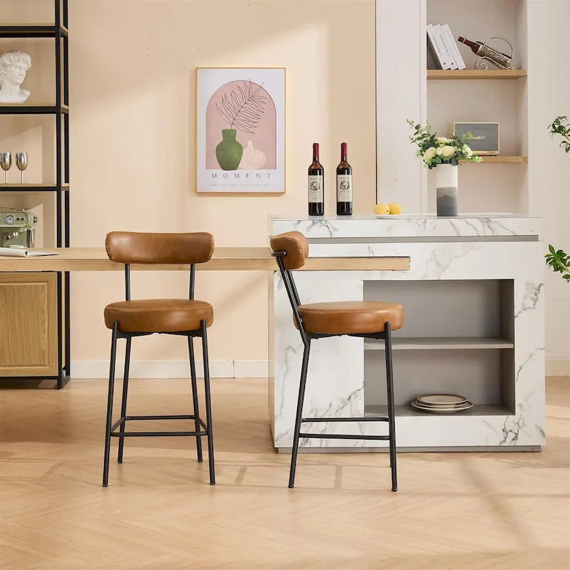 27 tabourets de bar modernes (lot de 2), tabourets de bar en cuir avec dossier, repose-pieds et pieds en métal