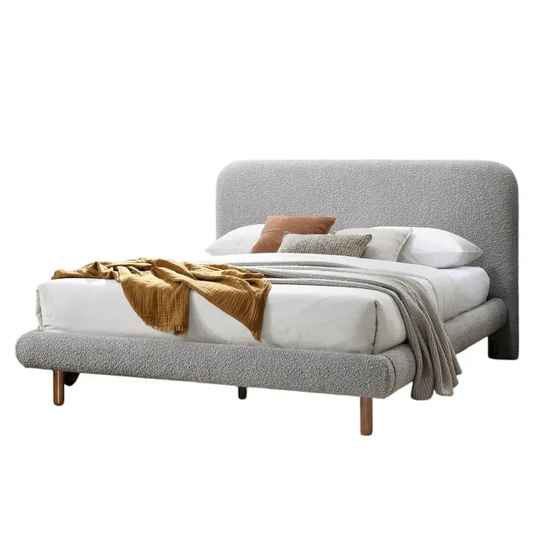 Lit king-size, bords incurvés, revêtement en bouclé gris, bois marron