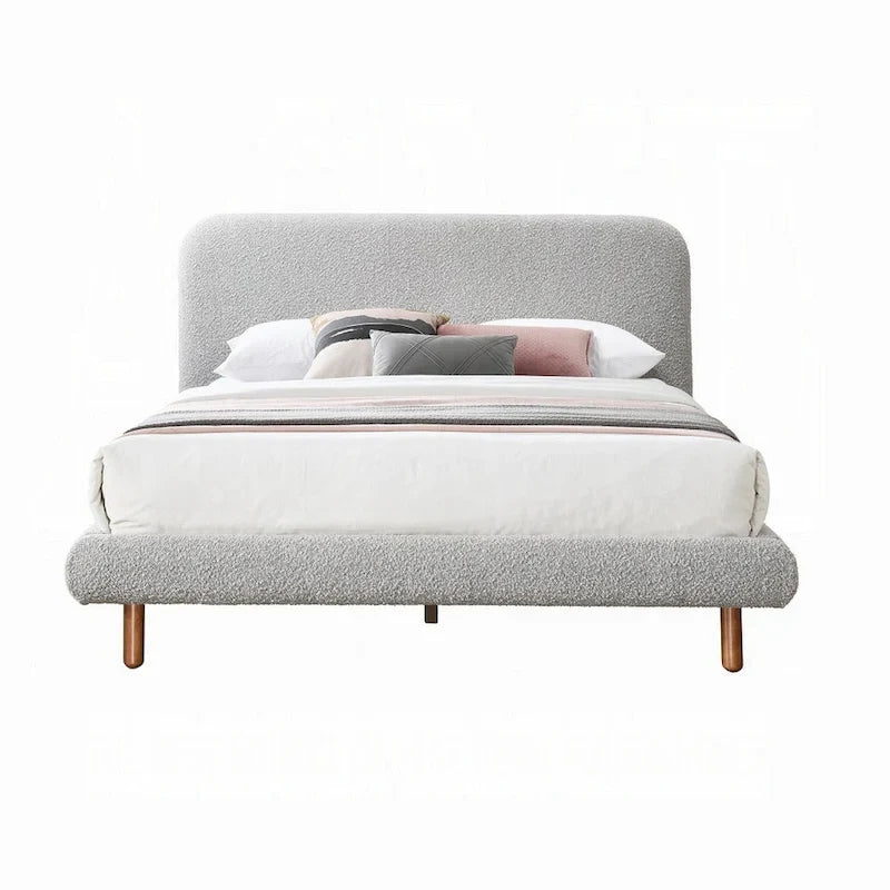 Lit king-size, bords incurvés, revêtement en bouclé gris, bois marron