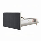 Lit king-size, bords incurvés, revêtement en bouclé gris, bois marron