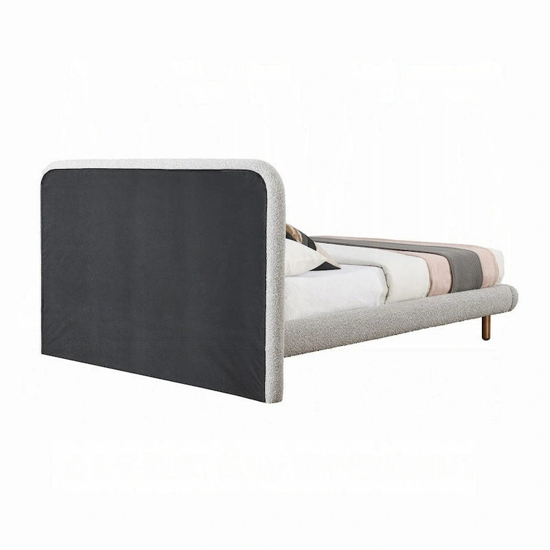 Lit king-size, bords incurvés, revêtement en bouclé gris, bois marron