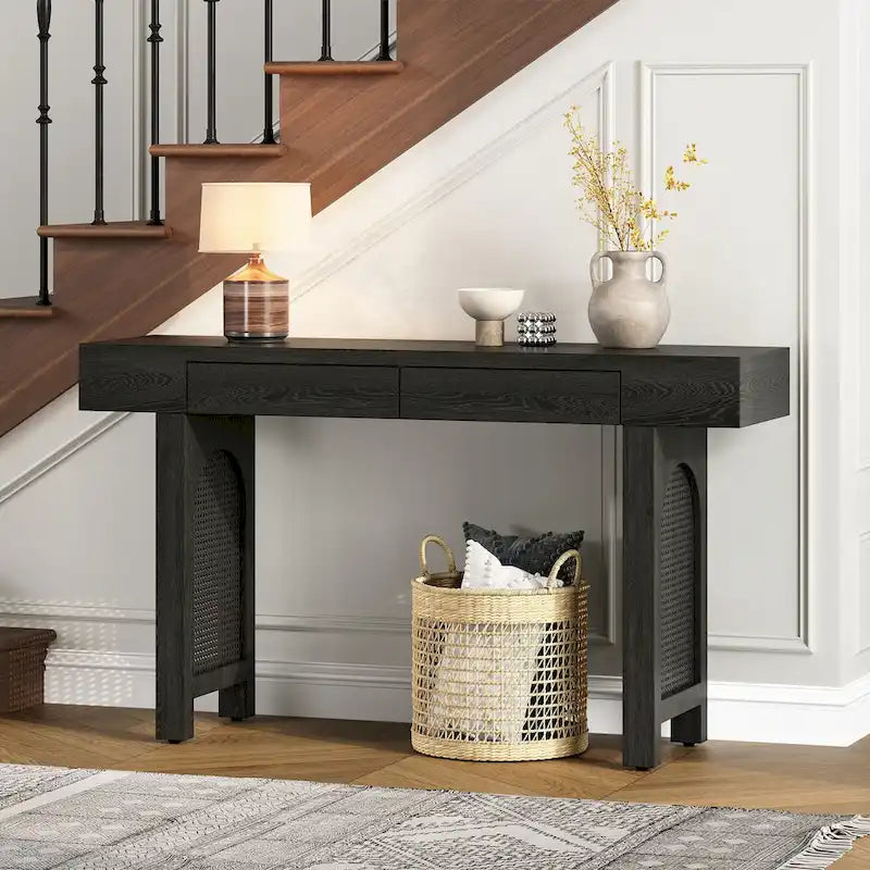 Narrow Console Table with Rattan Accent(Antique Black)