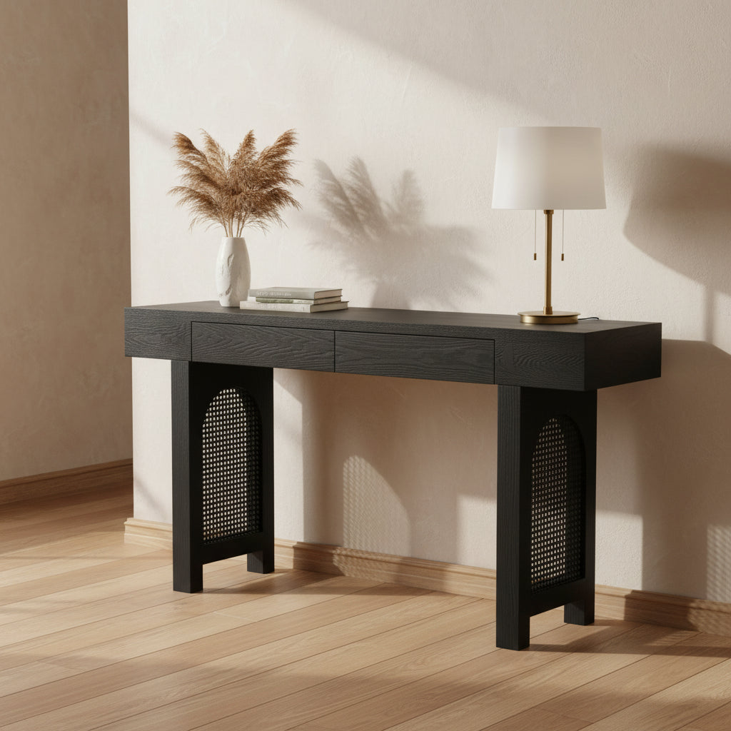 Console étroite avec accent en rotin (noir antique)