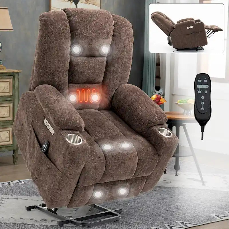 Fauteuil inclinable Power Lift avec massage et chauffage, fauteuil inclinable large surdimensionné avec ports USB, Type C et 2 porte-gobelets en acier