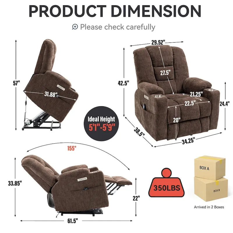 Fauteuil inclinable Power Lift avec massage et chauffage, fauteuil inclinable large surdimensionné avec ports USB, Type C et 2 porte-gobelets en acier