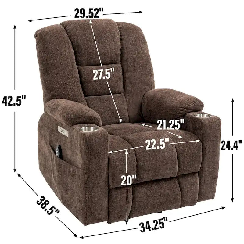 Fauteuil inclinable Power Lift avec massage et chauffage, fauteuil inclinable large surdimensionné avec ports USB, Type C et 2 porte-gobelets en acier