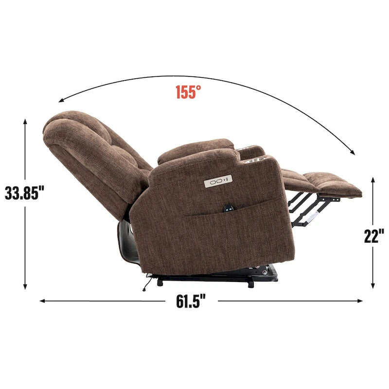 Fauteuil inclinable Power Lift avec massage et chauffage, fauteuil inclinable large surdimensionné avec ports USB, Type C et 2 porte-gobelets en acier