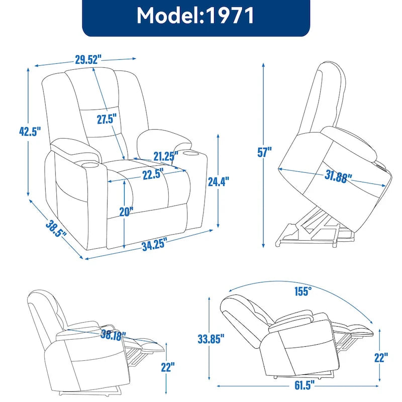 Fauteuil inclinable Power Lift avec massage et chauffage, fauteuil inclinable large surdimensionné avec ports USB, Type C et 2 porte-gobelets en acier