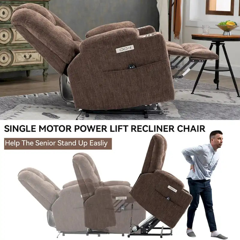 Fauteuil inclinable Power Lift avec massage et chauffage, fauteuil inclinable large surdimensionné avec ports USB, Type C et 2 porte-gobelets en acier