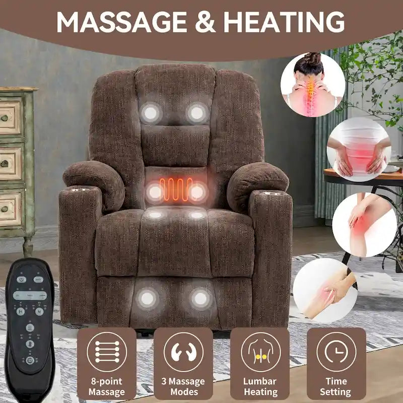 Fauteuil inclinable Power Lift avec massage et chauffage, fauteuil inclinable large surdimensionné avec ports USB, Type C et 2 porte-gobelets en acier