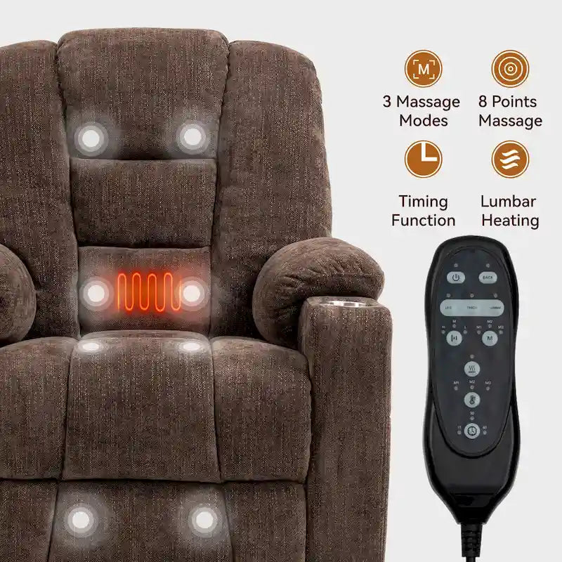 Fauteuil inclinable Power Lift avec massage et chauffage, fauteuil inclinable large surdimensionné avec ports USB, Type C et 2 porte-gobelets en acier