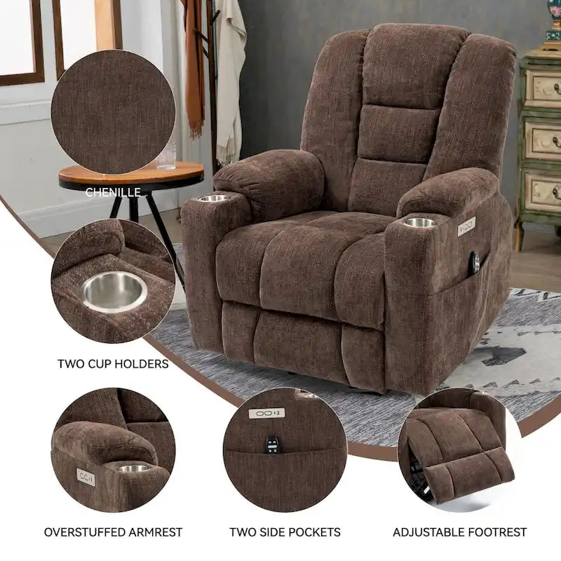 Fauteuil inclinable Power Lift avec massage et chauffage, fauteuil inclinable large surdimensionné avec ports USB, Type C et 2 porte-gobelets en acier