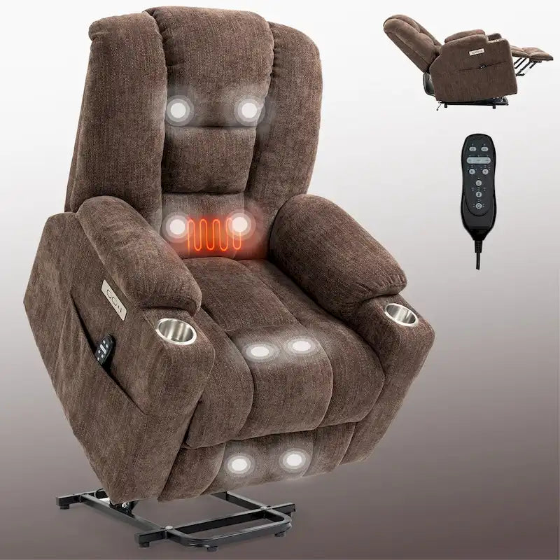 Fauteuil inclinable Power Lift avec massage et chauffage, fauteuil inclinable large surdimensionné avec ports USB, Type C et 2 porte-gobelets en acier
