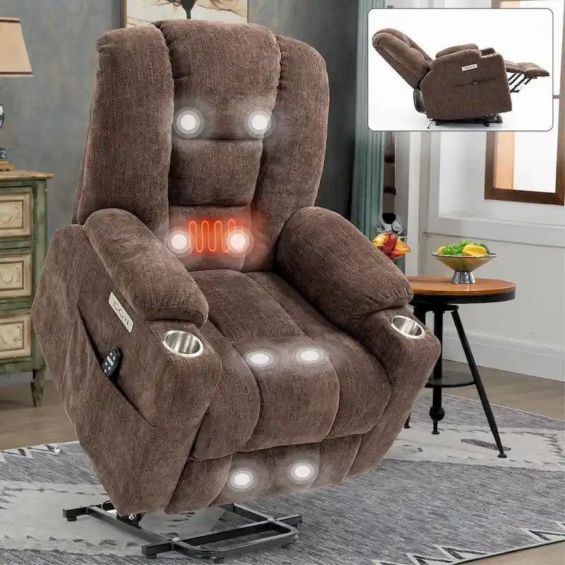 Fauteuil inclinable Power Lift avec massage et chauffage, fauteuil inclinable large surdimensionné avec ports USB, Type C et 2 porte-gobelets en acier