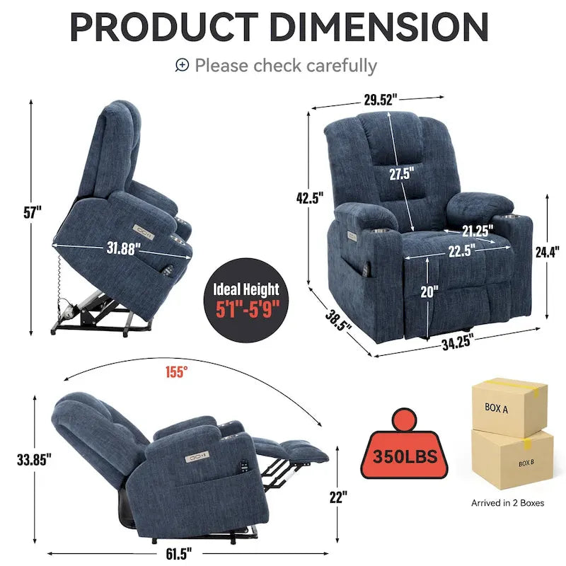 Fauteuil inclinable Power Lift avec massage et chauffage, fauteuil inclinable large surdimensionné avec ports USB, Type C et 2 porte-gobelets en acier