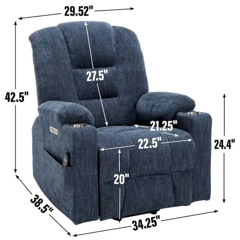 Fauteuil inclinable Power Lift avec massage et chauffage, fauteuil inclinable large surdimensionné avec ports USB, Type C et 2 porte-gobelets en acier